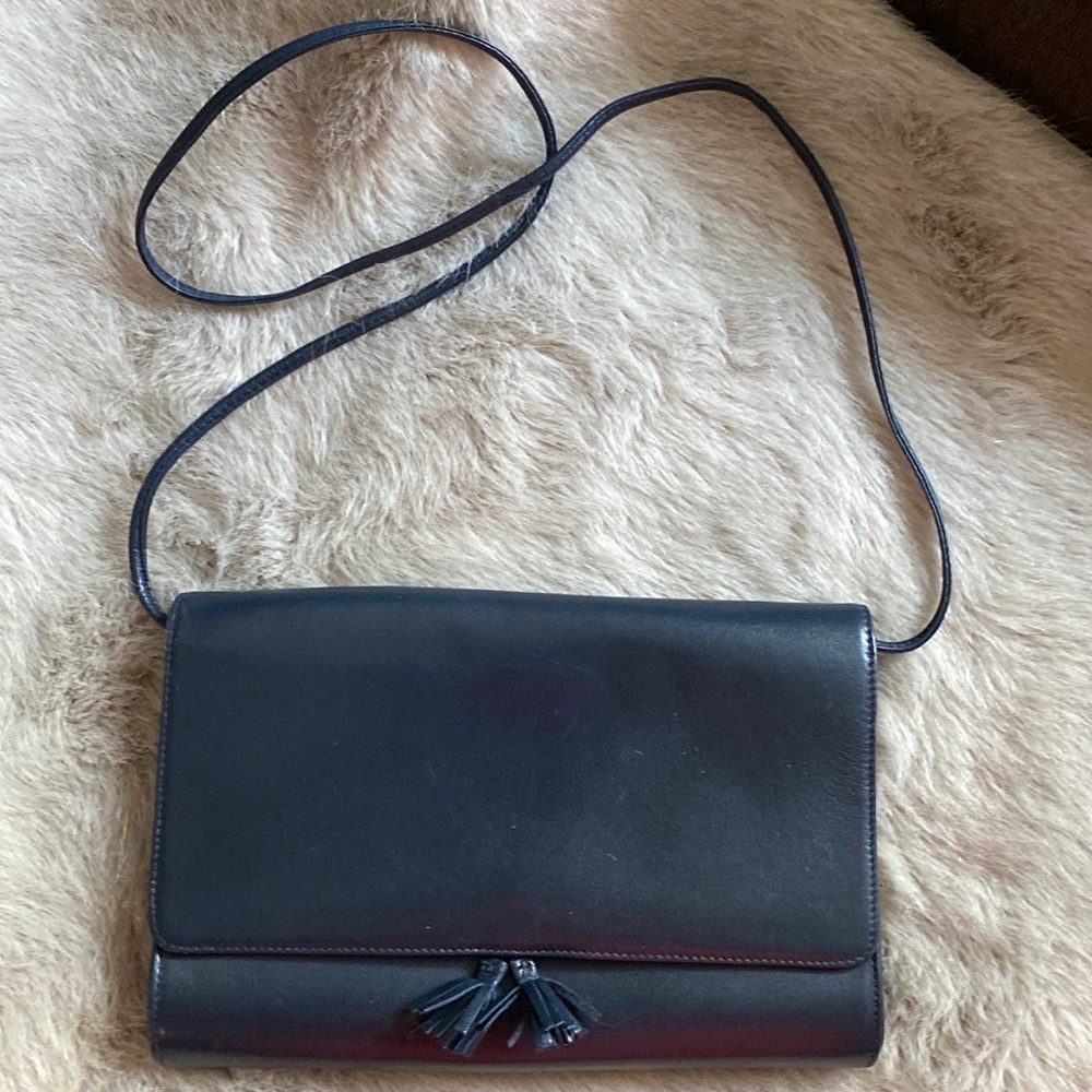 50s 60s VINTAGE KORET DESIGNER LEATHER NAVY SLIM CLUTCH LONG STRAP CROSSBODY BAG